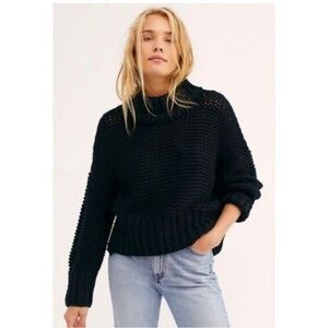 Free People Black Thick Handknit Mock Neck Sweater xs